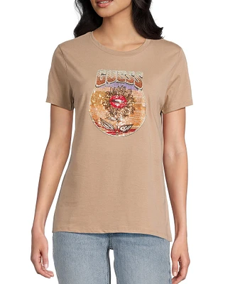 Guess Logo Detailed/Desert Flower Rhinestone Graphic Short Sleeve T-Shirt