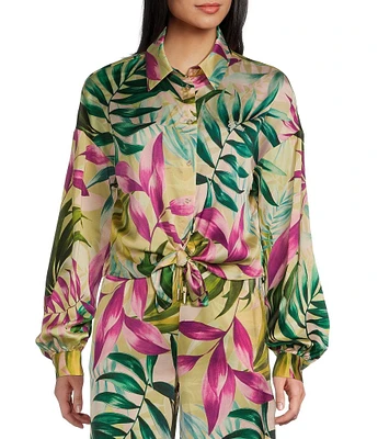 Guess Coordinating Satin Tropical Print Long Sleeve Bowed Jun Shirt