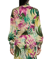 Guess Coordinating Satin Tropical Print Long Sleeve Bowed Jun Shirt