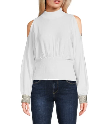 Guess Long Sleeve Cold Shoulder Bling-Cuff Sweater