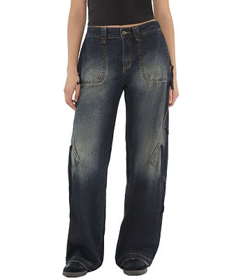 Guess Mid Rise Lace Up Distressed Denim Cargo Jeans