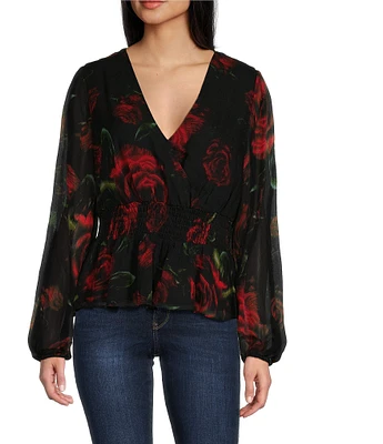 Guess Mishka Roses Print Long Sleeve Chiffon Top