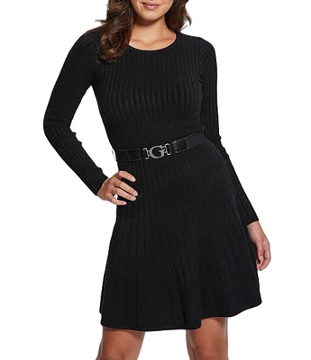 Guess Paige Belted Long Sleeve Rib Pleated Fit & Flare Sweater Dress