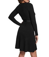 Guess Paige Belted Long Sleeve Rib Pleated Fit & Flare Sweater Dress