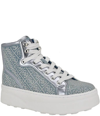 Guess Queenly2 Rhinestone Logo Denim High Top Platform Sneakers