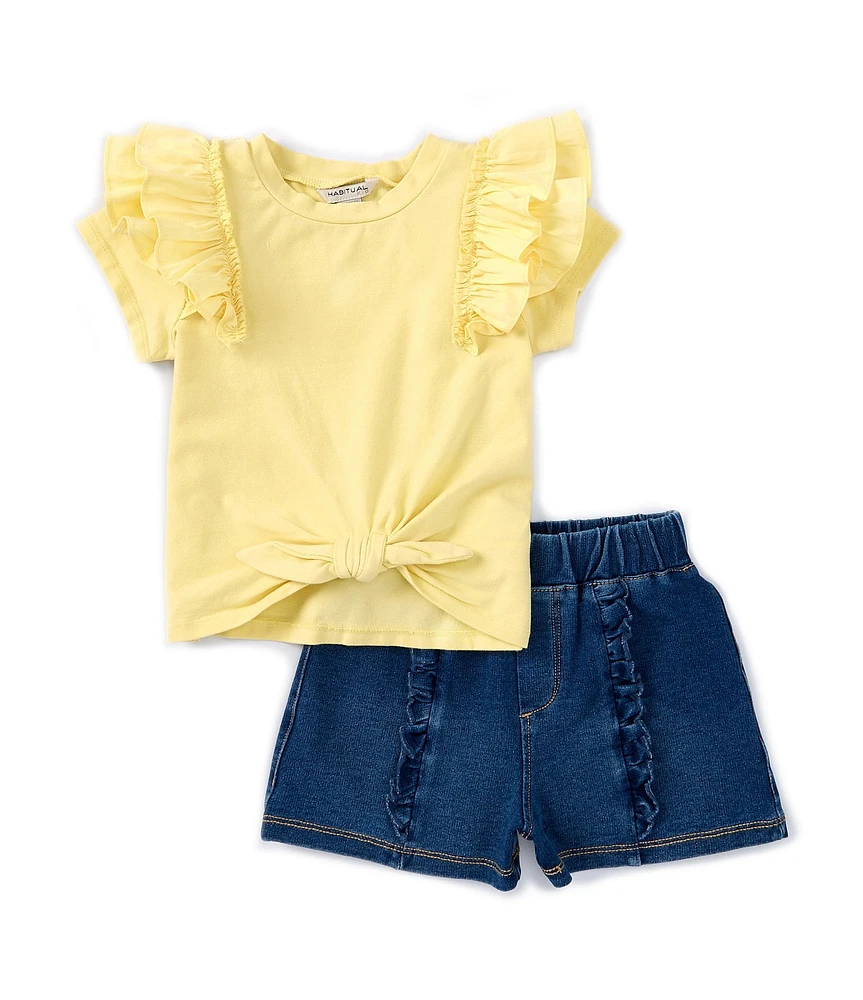 Habitual Little Girls 2T-6 Short Sleeve Tie Front Top & Ruffle Denim Short Set