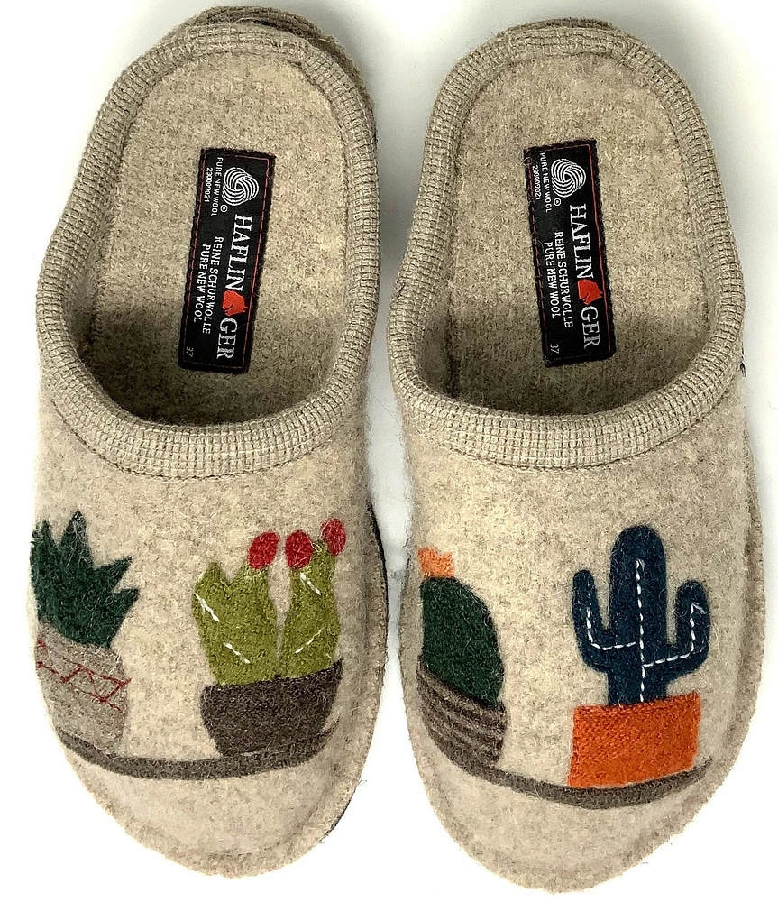 HAFLINGER Cactus Appliqued Wool Mule Slippers