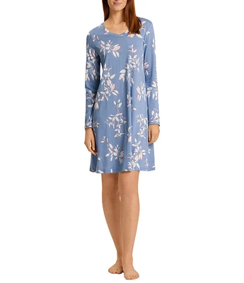 Hanro Floral Jersey Knit Long Sleeve V-Neck Nightgown