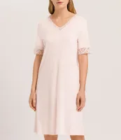 Hanro Moments Short Sleeve V-Neck Lace Trim Nightgown