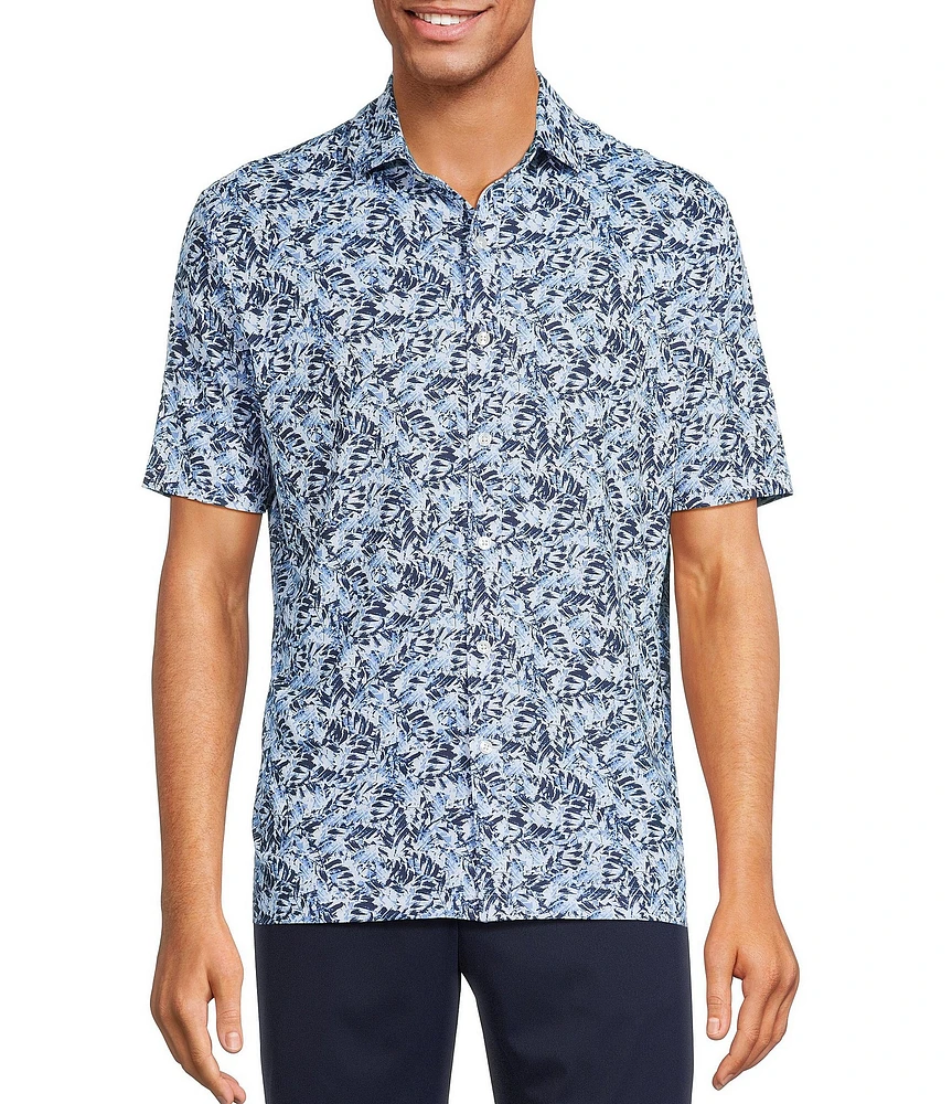Hart Schaffner Marx Featherweight Luxury Performance Short Sleeve Leaf Print Coat Front Shirt