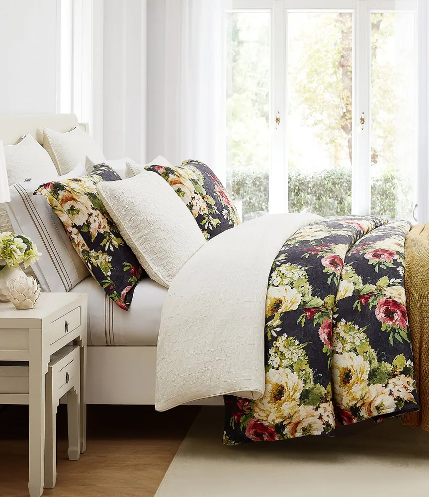 HiEnd Accents Peony Collection Watercolor Floral Printed Washed Linen Comforter Mini Set