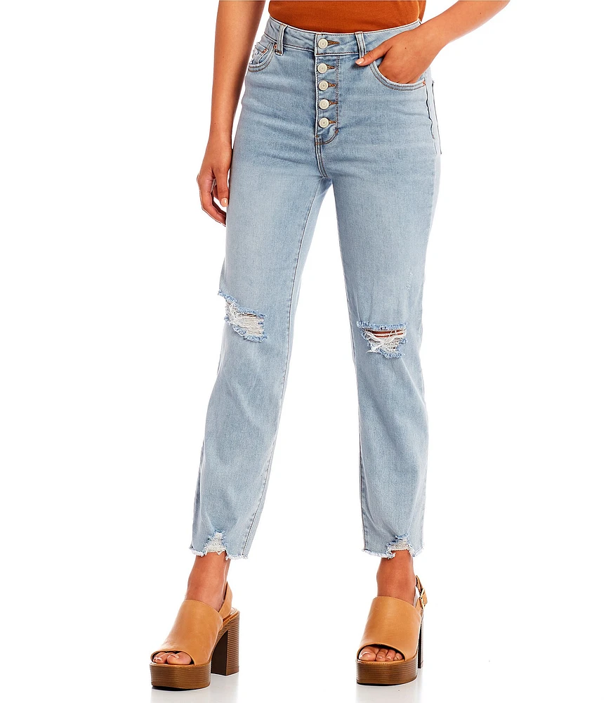 Hippie Laundry Exposed Button High Rise Distressed Slim Straight Leg Jeans