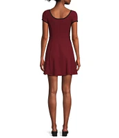 Honey & Sparkle 90s Rib Knit Scoop Neck Pico Edge Rosette Trim Short Sleeve A-Line Skater Dress