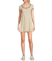 Honey & Sparkle 90s Rib Knit Scoop Neck Pico Edge Rosette Trim Short Sleeve A-Line Skater Dress