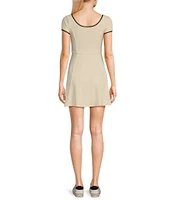 Honey & Sparkle 90s Rib Knit Scoop Neck Pico Edge Rosette Trim Short Sleeve A-Line Skater Dress