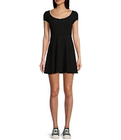 Honey & Sparkle 90s Rib Knit Scoop Neck Pico Edge Rosette Trim Short Sleeve A-Line Skater Dress