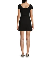 Honey & Sparkle 90s Rib Knit Scoop Neck Pico Edge Rosette Trim Short Sleeve A-Line Skater Dress