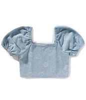 Honey & Sparkle Big Girls 7-16 Puffed-Sleeve Smiley Face Print Textured Cropped Top