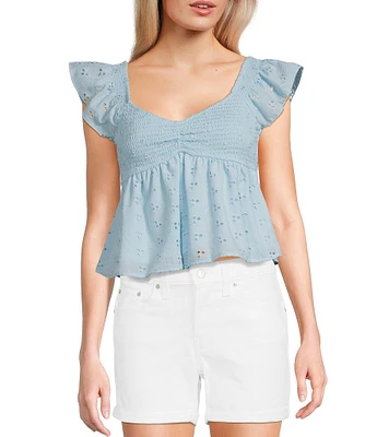 Honey & Sparkle Eyelet Printed Chiffon Smocked Butterfly Sleeve Babydoll Top