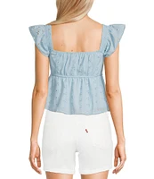 Honey & Sparkle Eyelet Printed Chiffon Smocked Butterfly Sleeve Babydoll Top
