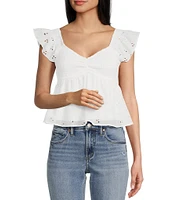 Honey & Sparkle Eyelet Printed Chiffon Smocked Butterfly Sleeve Babydoll Top