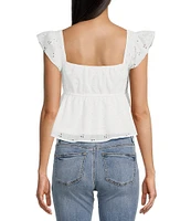 Honey & Sparkle Eyelet Printed Chiffon Smocked Butterfly Sleeve Babydoll Top
