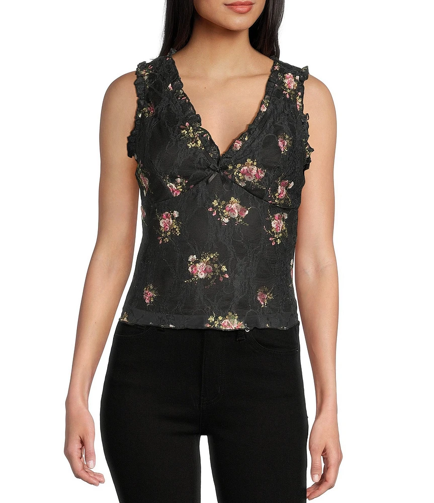Honey & Sparkle Floral Print V-Neck Sleeveless Ruffle Edge Lined Lace Top