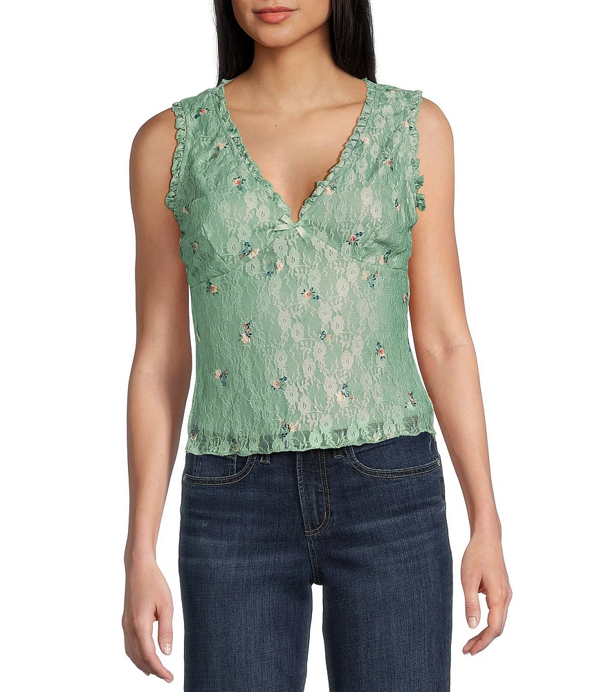 Honey & Sparkle Floral Pattern V-Neck Sleeveless Ruffle Edge Lined Lace Top