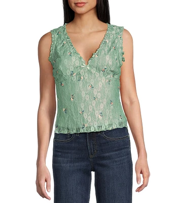 Honey & Sparkle Floral Pattern V-Neck Sleeveless Ruffle Edge Lined Lace Top