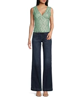 Honey & Sparkle Floral Pattern V-Neck Sleeveless Ruffle Edge Lined Lace Top