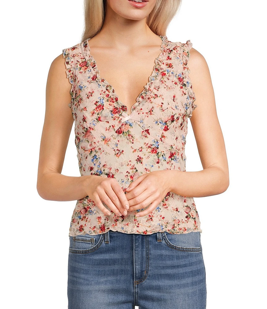 Honey & Sparkle Floral Print Ruffled V-Neck Sleeveless Lined Lace Top
