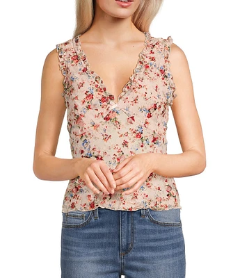 Honey & Sparkle Floral Print Ruffled V-Neck Sleeveless Lined Lace Top