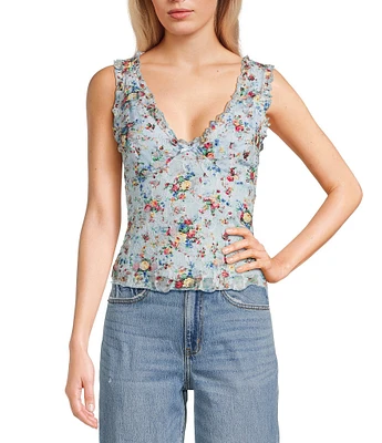 Honey & Sparkle Ditsy Floral Print V-Neck Sleeveless Ruffle Edge Lined Lace Top