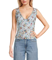 Honey & Sparkle Ditsy Floral Print V-Neck Sleeveless Ruffle Edge Lined Lace Top