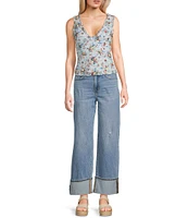 Honey & Sparkle Ditsy Floral Print V-Neck Sleeveless Ruffle Edge Lined Lace Top