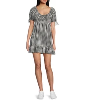 Honey & Sparkle Gingham Round Neck Short Puff Sleeve Baby Doll Dress