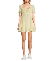 Honey & Sparkle Gingham Round Neck Short Puff Sleeve Baby Doll Dress