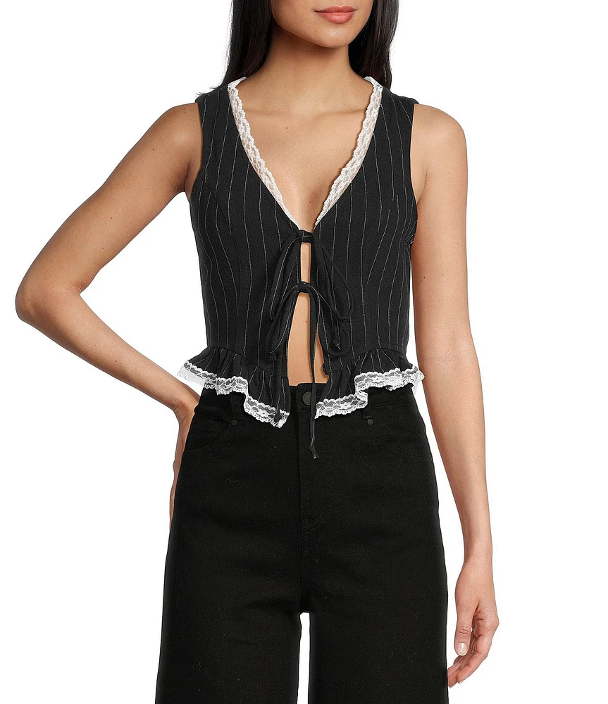Honey & Sparkle Stripe Lace Trim Tie Front Vest