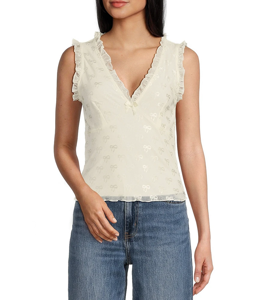 Honey & Sparkle Mesh V-Neck Ruffle Edge Lined Bow Trim Top