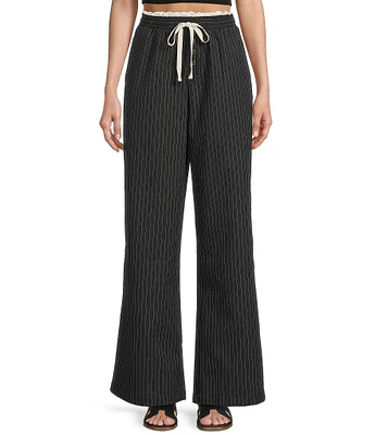 Honey & Sparkle Pinstripe Pattern Mid Rise Lace Trim Wide Leg Pants