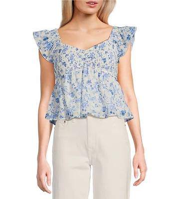 Honey & Sparkle Printed Embroidery Chiffon Smocked Butterfly Sleeve Babydoll Top