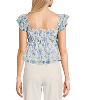 Honey & Sparkle Printed Embroidery Chiffon Smocked Butterfly Sleeve Babydoll Top