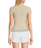 Honey & Sparkle Short Sleeve Taupe T-Shirt Layered Embroidered Tulle Babydoll Cami Top