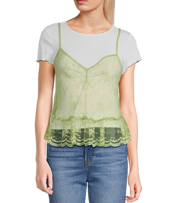 Honey & Sparkle T-Shirt Layered Floral Pattern Mesh Babydoll Cami Top