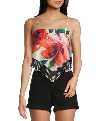 Honey & Sparkle Woven Large Floral Printed Satin Spaghetti Strap Hanky Hem Top