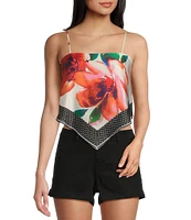 Honey & Sparkle Woven Large Floral Printed Satin Spaghetti Strap Hanky Hem Top