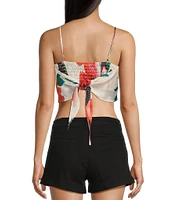 Honey & Sparkle Woven Large Floral Printed Satin Spaghetti Strap Hanky Hem Top