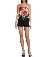 Honey & Sparkle Woven Large Floral Printed Satin Spaghetti Strap Hanky Hem Top