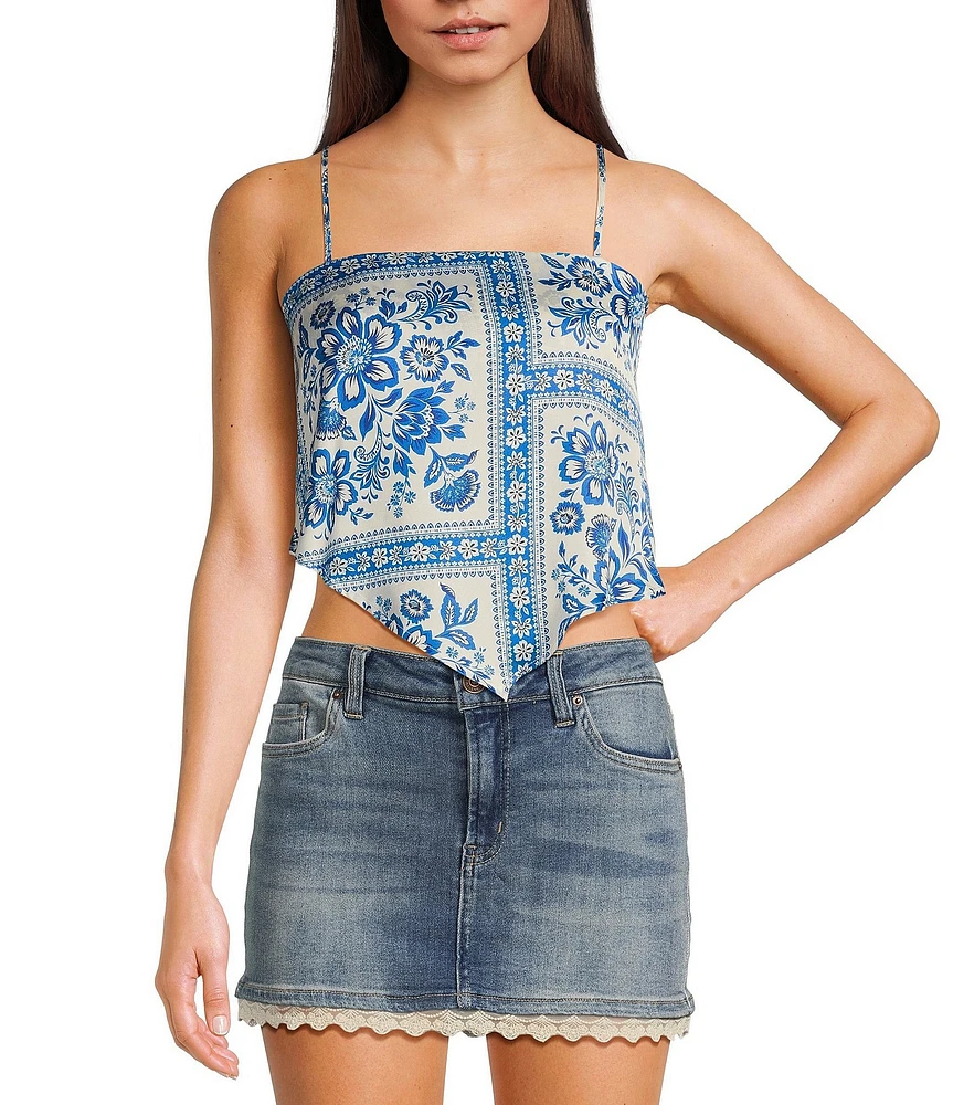 Honey & Sparkle Woven Printed Satin Spaghetti Strap Hanky Hem Top