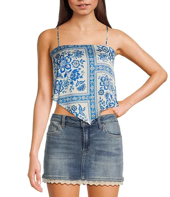 Honey & Sparkle Woven Printed Satin Spaghetti Strap Hanky Hem Top